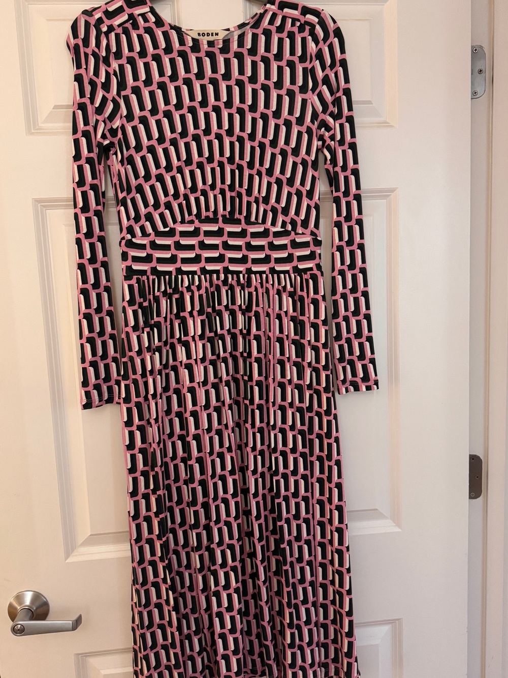 Boden Pink and Black Geometric Long-Sleeve Midi Dress